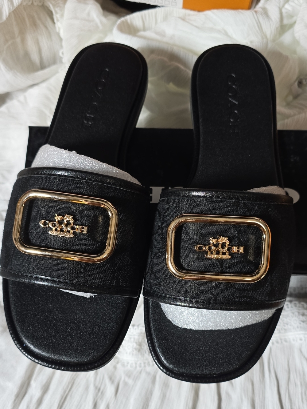 Coach Black Sandal Slides with Gold Hardware
